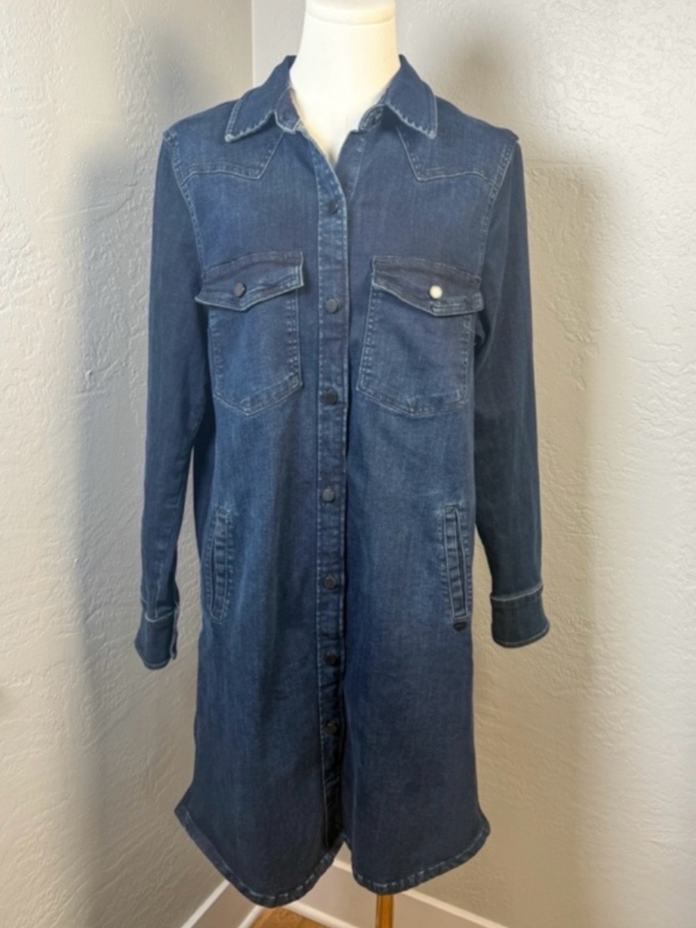 Zhrill Denim Western Button Front Utility Pockets Stretch Shirt Dress Size L